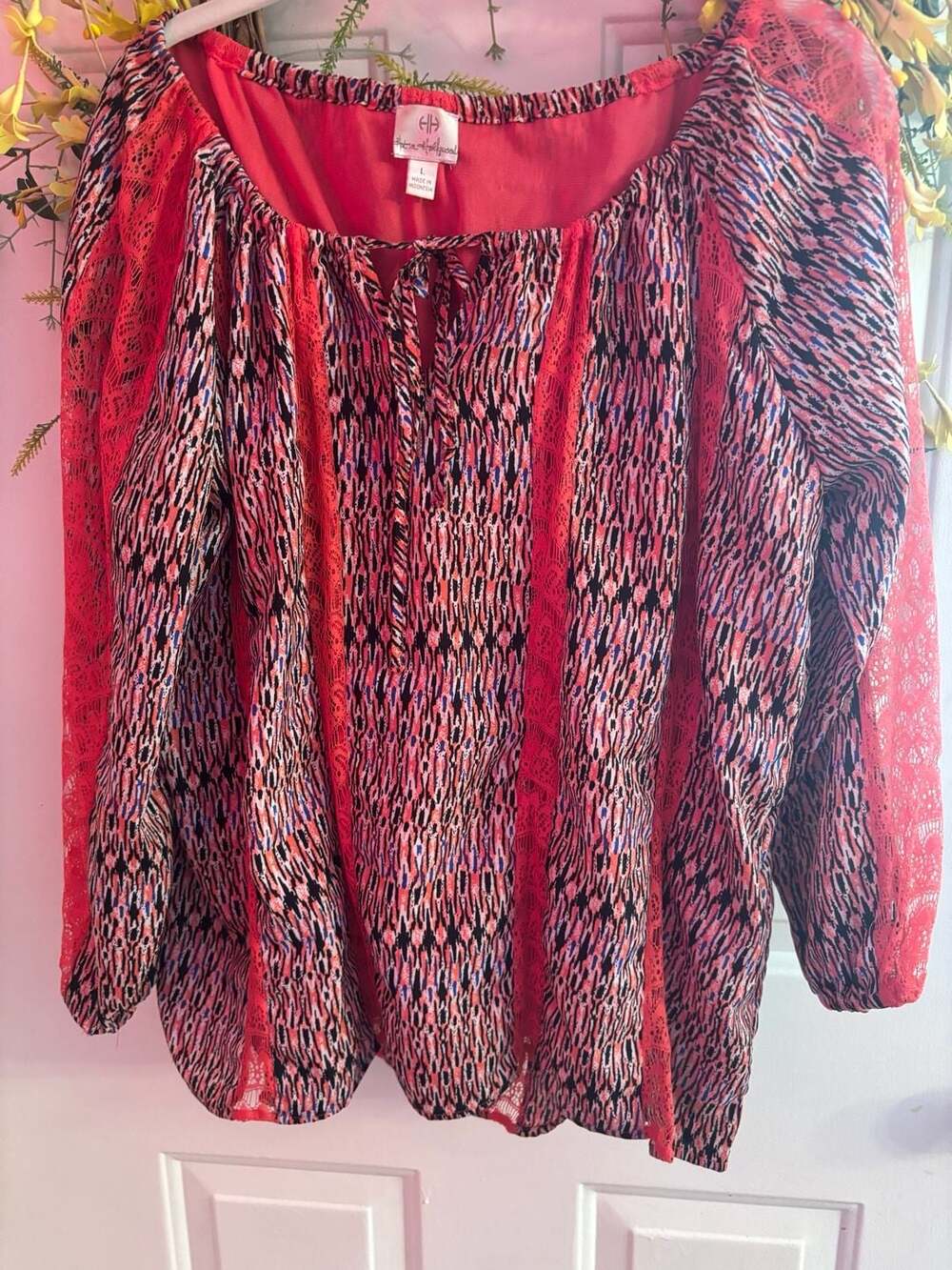Hot in Hollywood Maya Peasant Blouse with Lace Multicolored Size L